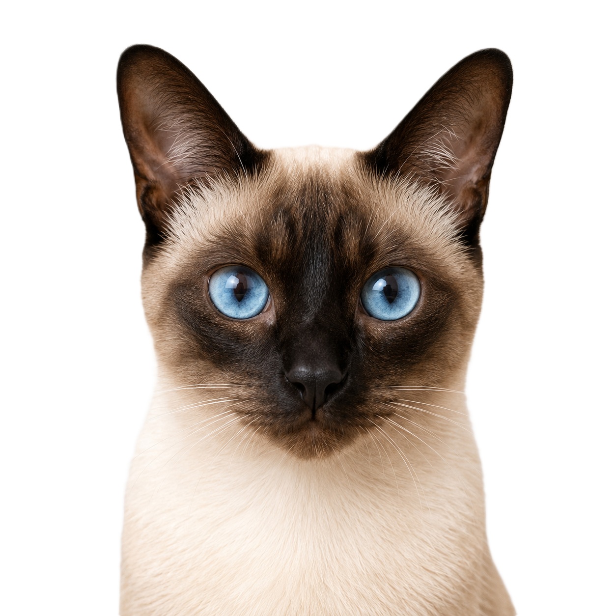 Miso, a Siamese cat with striking blue eyes, looking at the camera