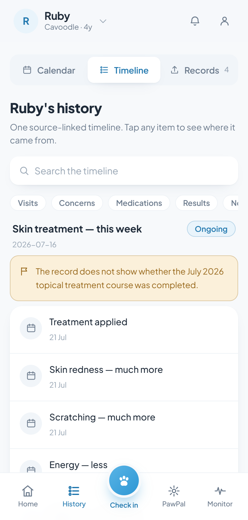 PawPad — unified timeline screen