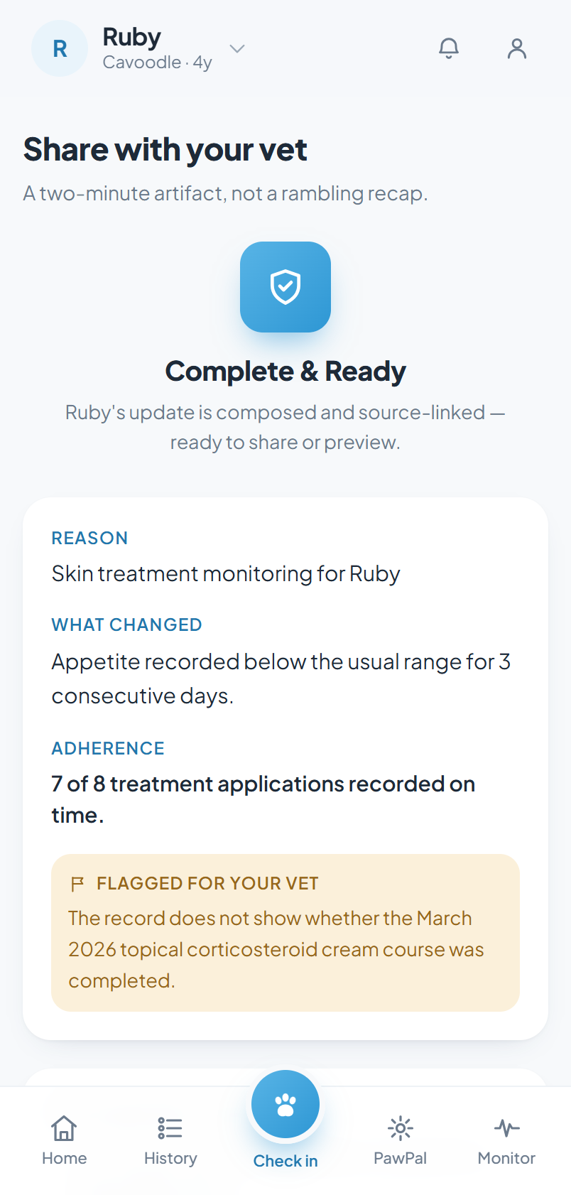 PawPad — vet-ready brief screen